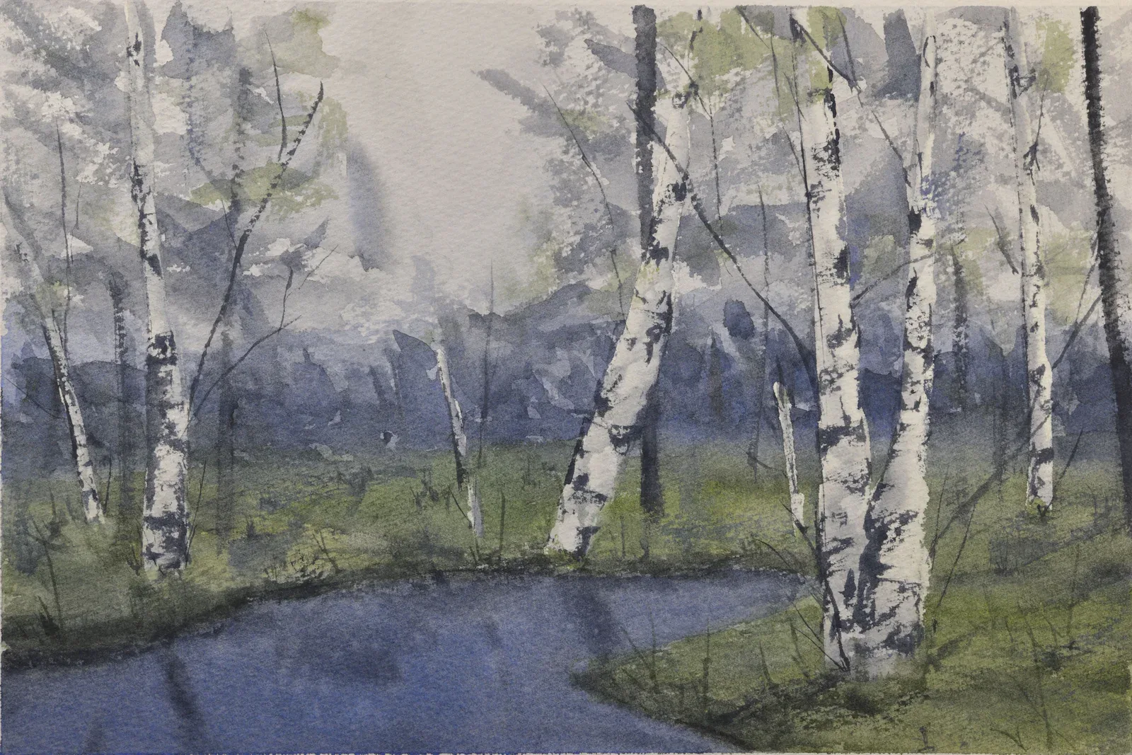 Birches Near a Stream, a watercolor artwork by Philip Hossu.