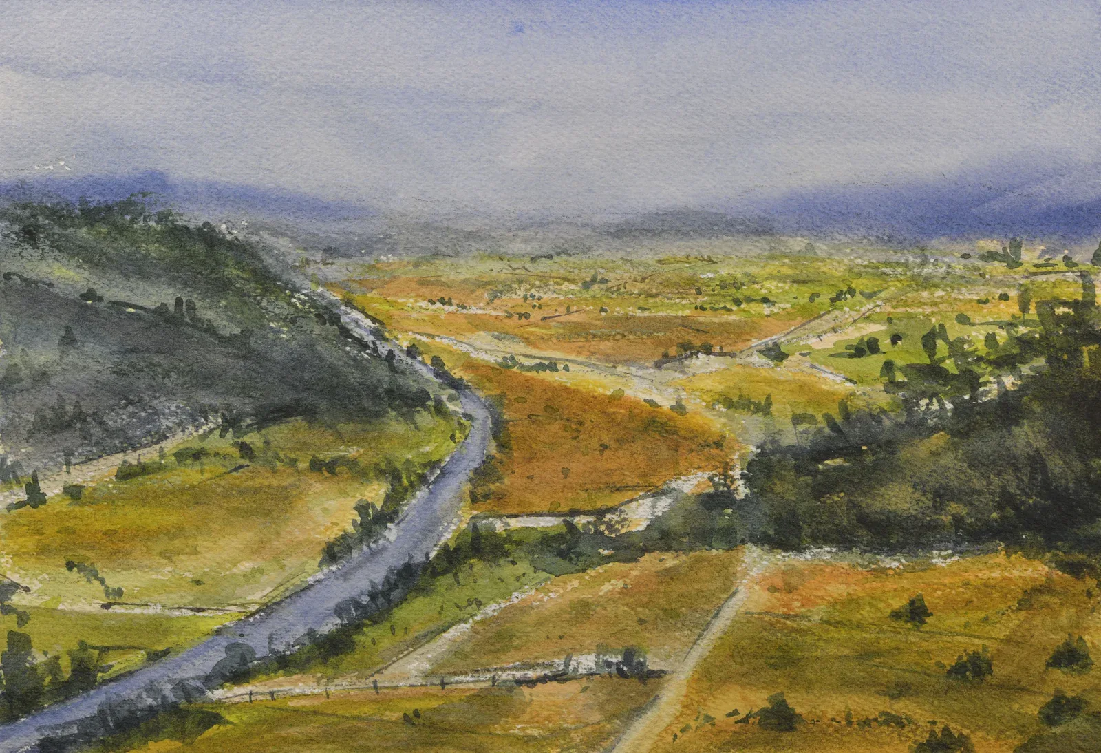 Fields from Elevation, a watercolor artwork by Philip Hossu.
