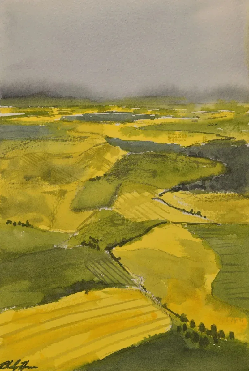 Fields from Elevation II, a watercolor artwork by Philip Hossu.