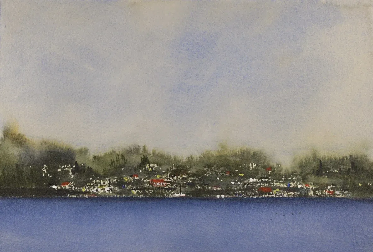 Red Rock, Ontario -- Fog, a watercolor artwork by Philip Hossu.