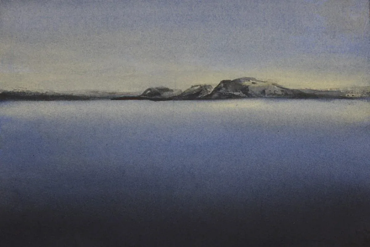 Serene Dusk at Nipigon Bay, a watercolor artwork by Philip Hossu.