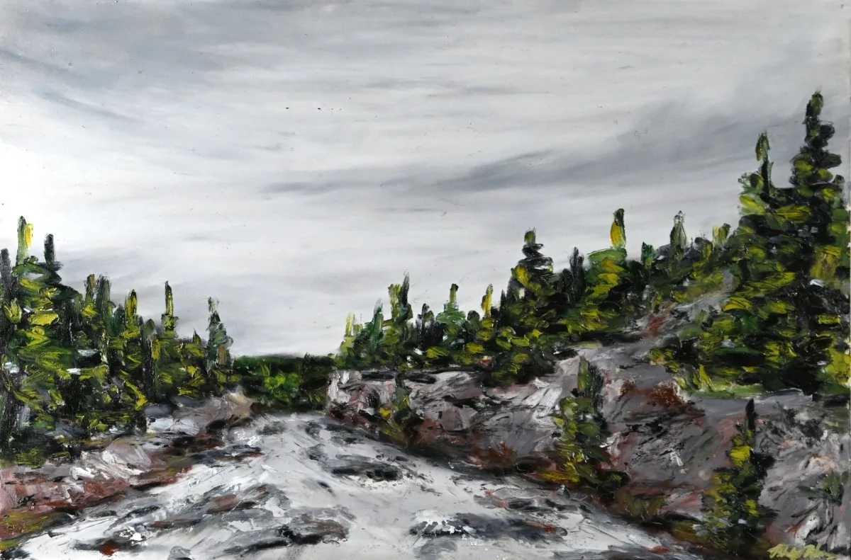 White River at Pukaskwa, an oil pastel artwork by Philip Hossu.