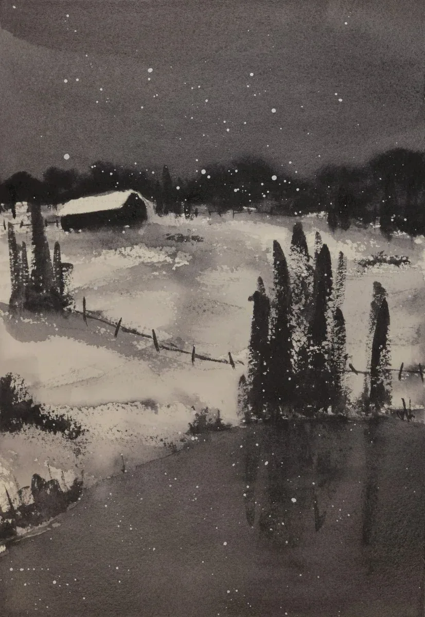 Winter Barn by a Pond, a watercolor artwork by Philip Hossu.
